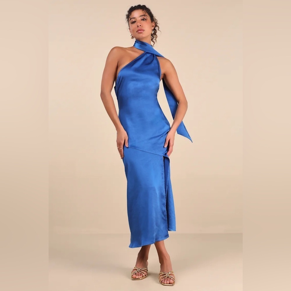 Lulus Reglan Blue Satin One-Shoulder Sash Midi Dress - Picture 1 of 9